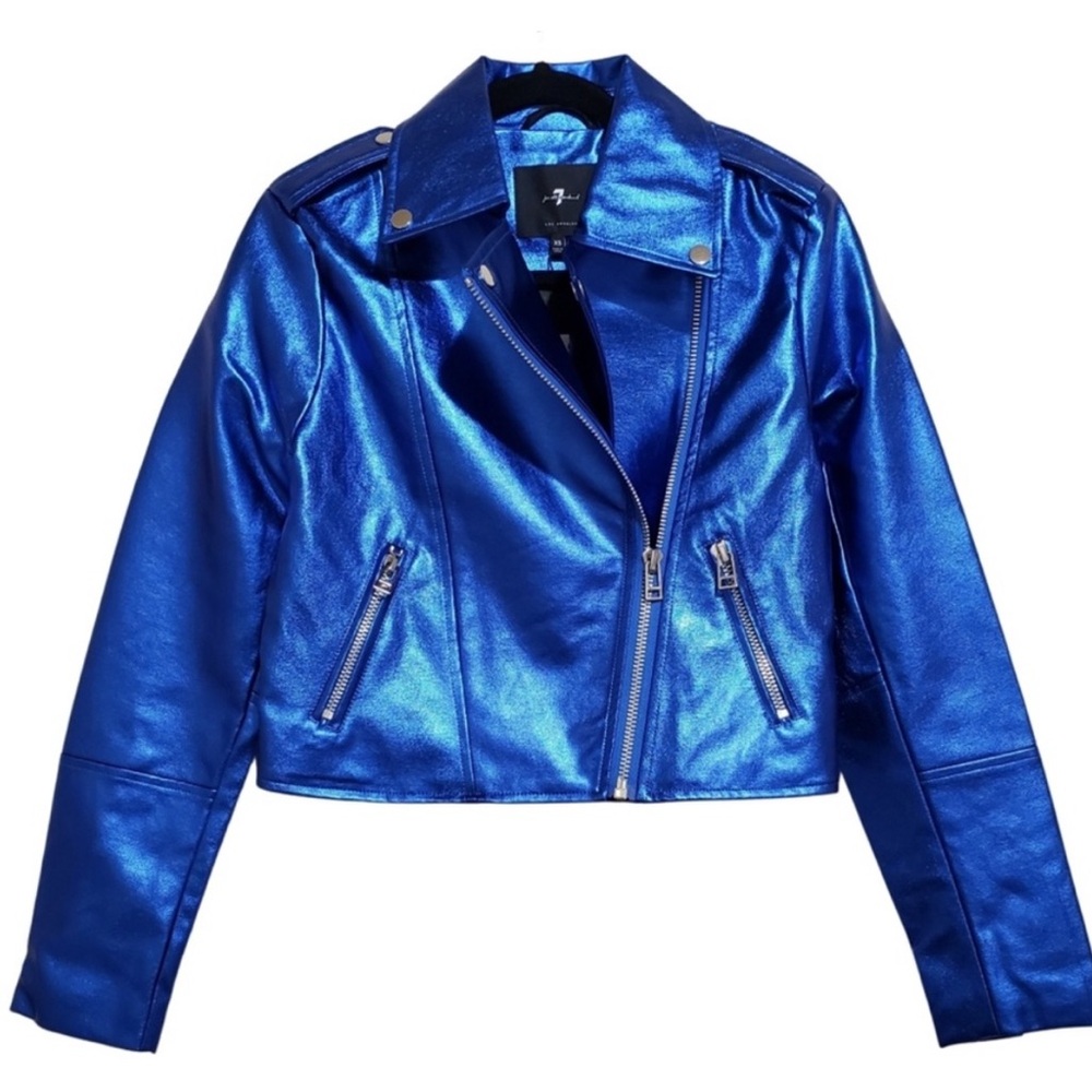 NWT 7 For All Mankind Faux Electric METALLIC Blue Moto / Biker Jacket Sz… - Picture 11 of 16